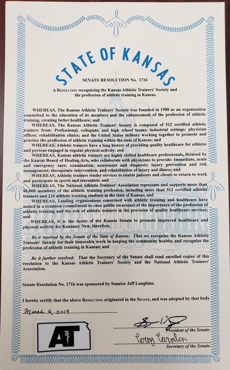 Mar 6 <a href="/JeffLongbine/">Jeff Longbine</a> sponsored KS Senate resolution recognizing KATS and the AT profession. The Senate unanimously passed it &amp; gave the ATs in attendance a standing ovation. As a former collegiate athlete &amp; parent of one, he understands the need for ATs #ATsAreHealthCare #NATM2019