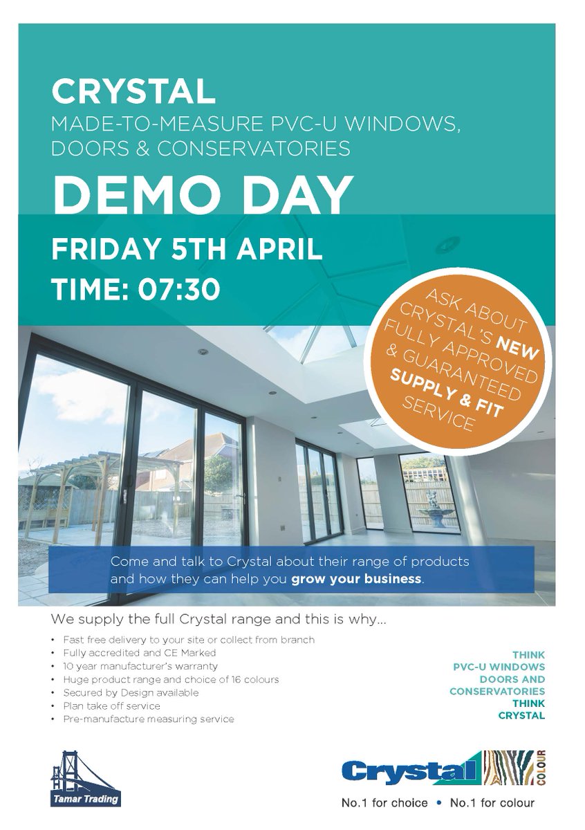 Come join us on the 5th March at our Bodmin branch from 7.30am for a Demo Day with Crystal Direct!