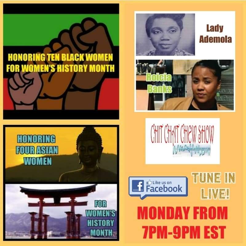 LotusProjects's tweet image. #PODCASTCREATORS #BUSINESSOWNERS
MONDAY (MARCH 25, 2019) TUNE INTO OUR SHOW. WE ARE HONORING GREAT WOMEN FOR WOMEN'S HISTORY MONTH. THE LADIES ARE LADY ADEMOLA AND ROICIA BANKS. LASTLY, THE 10 BLACK WOMEN &amp;amp; 4 ASIAN WOMEN FOR #WHM. TUNE IN! DON'T MISS IT!
facebook.com/ChitChatChewSh…