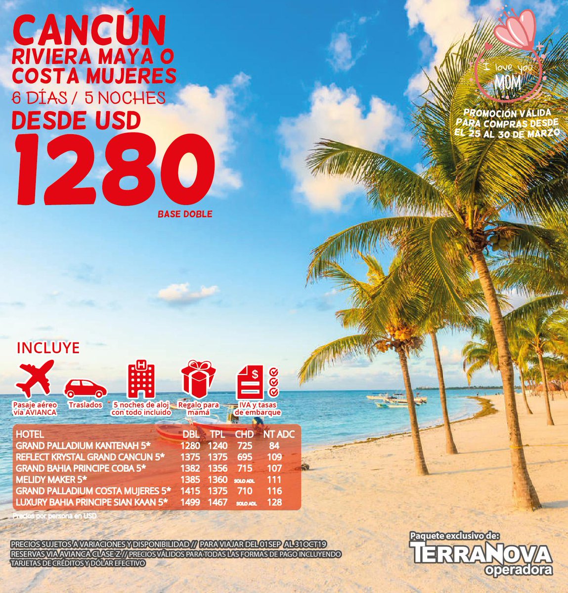 terranovapy's tweet photo. Ya estas pensando en el mejor regalo para Mamá?? Aquí las mejores opciones de Caribe para hacerla inmensamente feliz!! Promoción para compra del 25 al 30 de Marzo!! Consulte con su agencia de viajes favorita! https://t.co/ujC1jg56i6