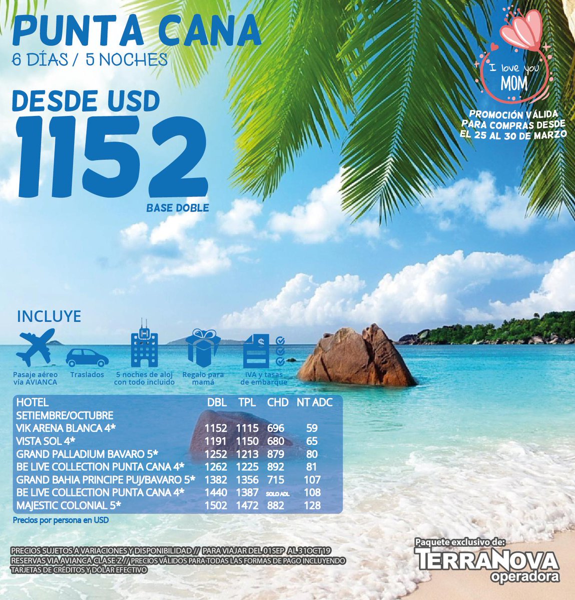 terranovapy's tweet photo. Ya estas pensando en el mejor regalo para Mamá?? Aquí las mejores opciones de Caribe para hacerla inmensamente feliz!! Promoción para compra del 25 al 30 de Marzo!! Consulte con su agencia de viajes favorita! https://t.co/ujC1jg56i6