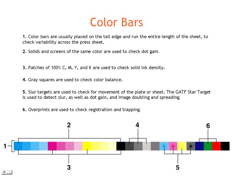 ImpactPrinters's tweet image. #learnprint Color Bars -refers to a color test strip, which is printed on the waste portion of a press sheet. It is a standardized process which allows a pressman to determine the quality of the printed material relative to ink density, registration, and dot gain.