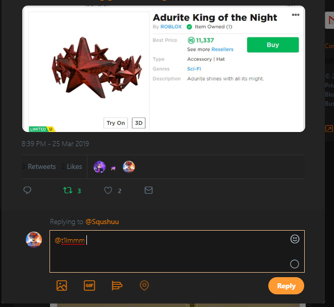 Squshu On Twitter Robloxdev Robloxgiveaways Roblox Adurite King Of The Night Giveaway All You Have To Do Is Follow Me Rt Like The Tweet Tag Someone Sub To Squshu The Robloxian And - adurite king of the night roblox