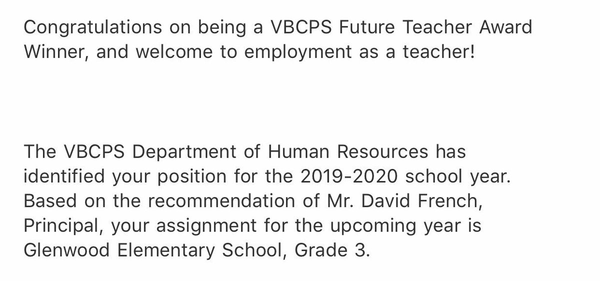 mstjkastorff's tweet photo. Super excited to share that I am a future 3rd grade teacher at @GlenwoodES, thanks @davidbfrench, can’t wait to work with you! #VBCPS #VTfT #Employed https://t.co/kctlm1prit