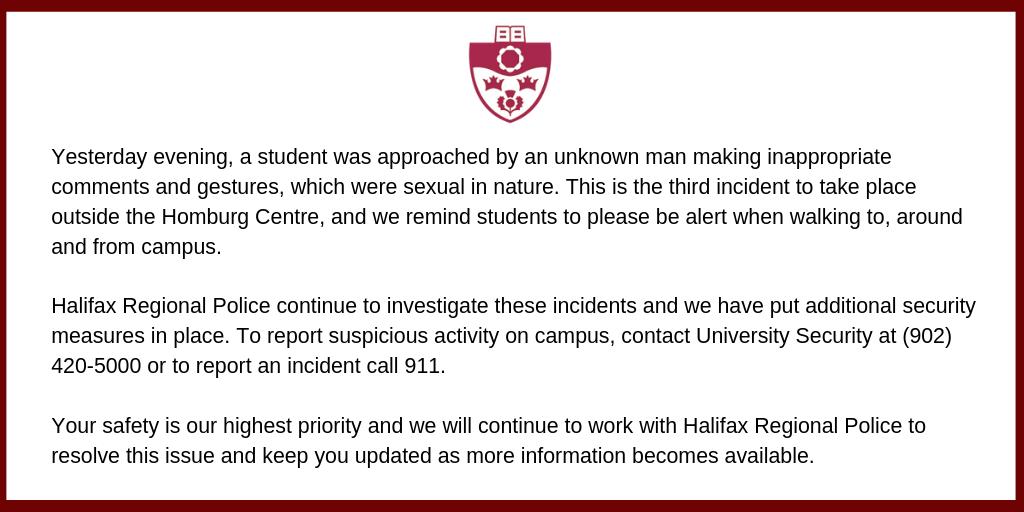 smuhalifax's tweet photo. CAMPUS ALERT

Halifax Regional Police Twitter Release https://t.co/aKxAwVjPOu

Halifax Regional Police Personal Safety Tips https://t.co/XVLFLqpnpJ https://t.co/3hk8U4mfwi