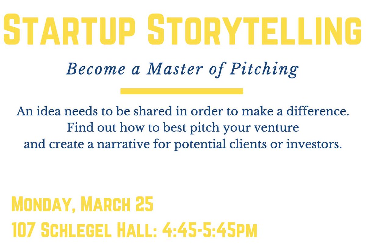 UR_AinCenter's tweet photo. Do you know how to best pitch your venture? Looking for a few tips to make your presentations ever better? 

Come learn from @KathrynCartini at our Startup Storytelling workshop today at 4:45 in Schlegel 107! #UREntrep https://t.co/0Bek8Ks9YE
