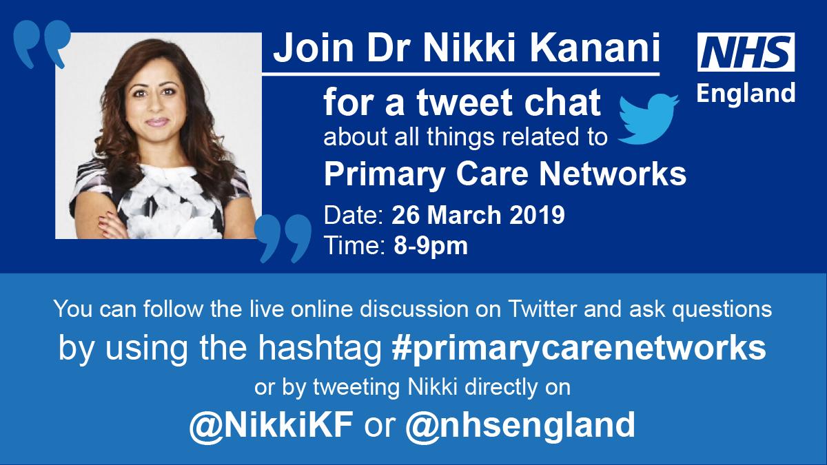 NHSEngland's tweet image. If you’ve ever wondered what makes up a primary care network, join our chat tomorrow at 8PM with @NikkiKF to find out more.