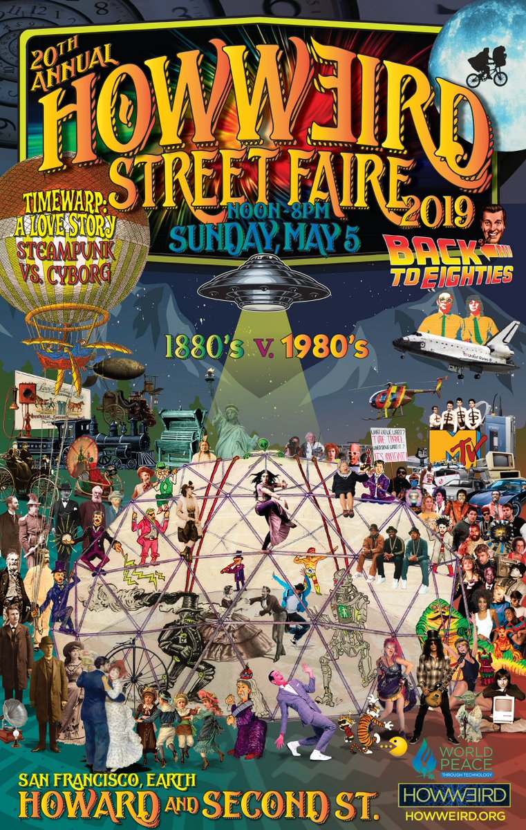 HowWeirdSF's tweet photo. The How Weird 2019 poster by Brad Olsen and Landon Elmore. Come celebrate peace, creativity, and 20 years of weirdness on Sunday May 5th!
#hwsf #howweird #howweirdstreetfaire
#HowWeird2019 https://t.co/7Rxcm0QMtv