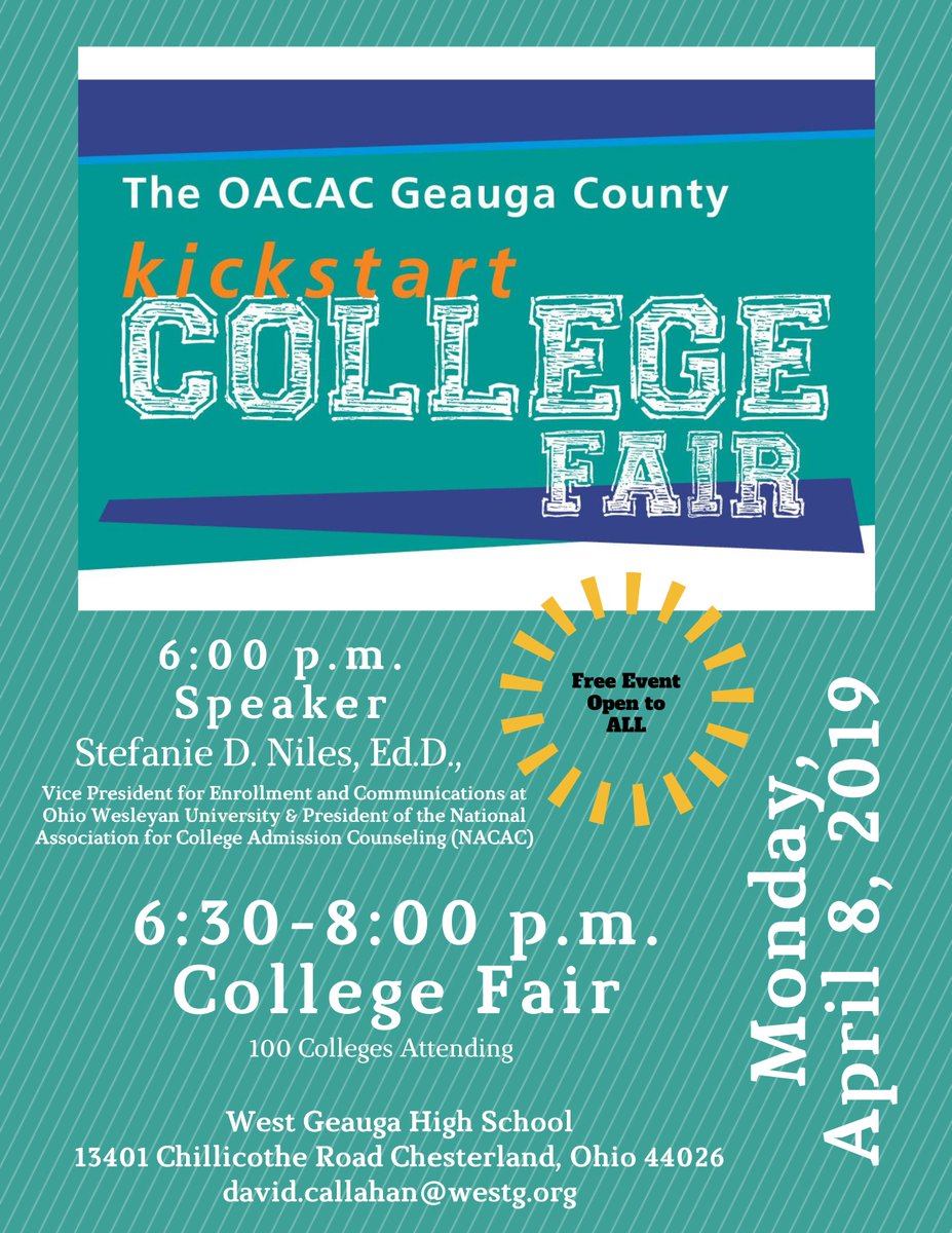 WestgOperations's tweet photo. Kickstart College Fair is back at West Geauga HS on Monday, April 8, 2019.  Over 80 schools will be at WG and includes @NACAC President, Stephanie Niles, as the featured speaker.  Ms. Niles is also the VP for Enrollment and Communications @OhioWesleyan. https://t.co/qIYQkzQQ72