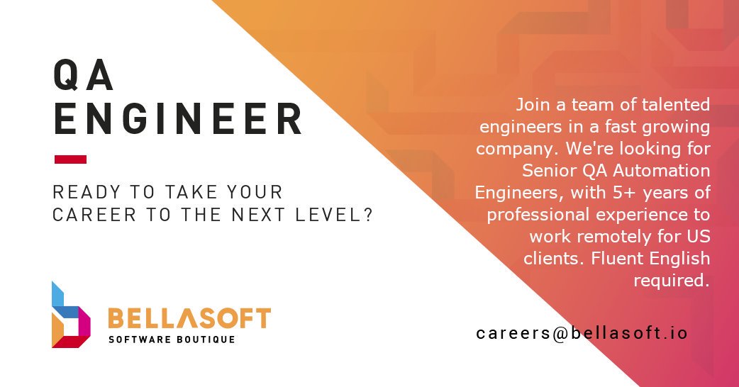 BellasoftIT's tweet photo. Ready to take your #career to the next level? At @BellasoftIT we're looking for talented Senior #QA #Automation engineers with #Java programming background. Candidates should have experience working with #Selenium and continuous integration tools such as #Jenkins or #Bamboo 1/ https://t.co/NeH24MCdt1