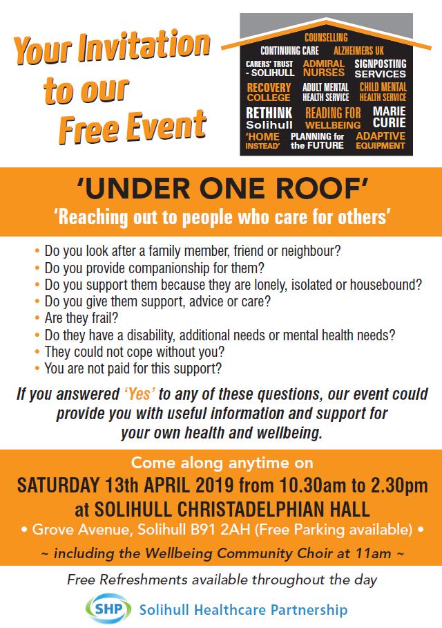 Go along anytime on Saturday 13 April from 10.30am to 2.30pm to receive useful information and support for your health and wellbeing.

Free refreshments available throughout the day.

Solihull Christadelphian Hall, Grove Avenue, Solihull B91 2AH (Free Parking available)