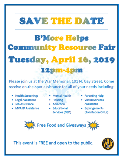 bmoredhcd's tweet photo. SAVE THE DATE: B’more Helps Community Resource Fair is set for Tuesday, April 16, noon-4 p.m.  #MyBmore https://t.co/LUa7V7Sgd6
