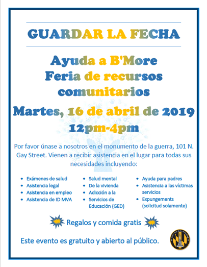 bmoredhcd's tweet photo. SAVE THE DATE: B’more Helps Community Resource Fair is set for Tuesday, April 16, noon-4 p.m.  #MyBmore https://t.co/LUa7V7Sgd6