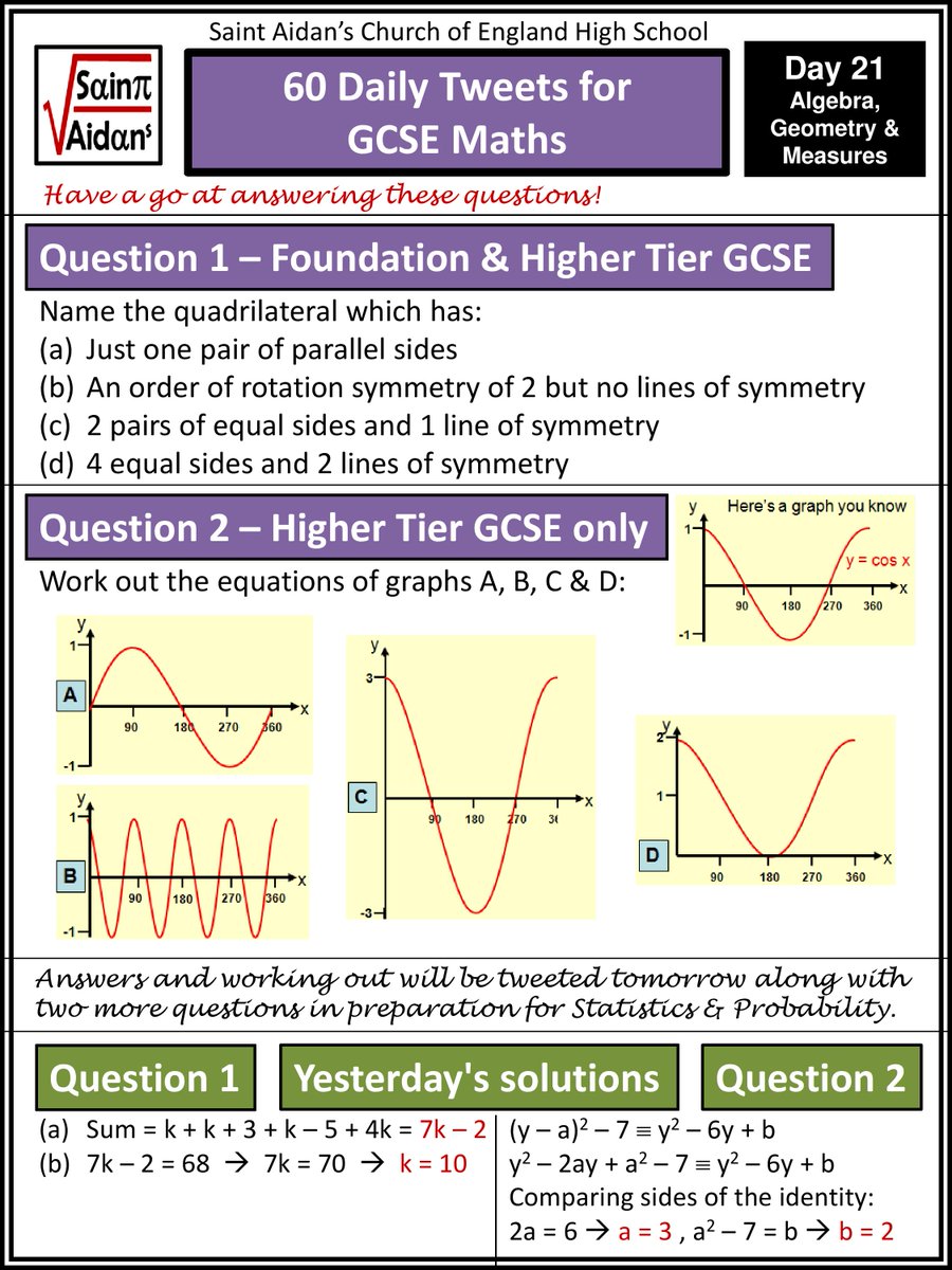 SaintAidansMath's tweet photo. 21st of 60 daily tweets to help Yr 11 prepare for their Maths GCSE this Summer - Keep going - It's nearly Easter! Answers and more questions tomorrow! https://t.co/d2oRD8N4nI