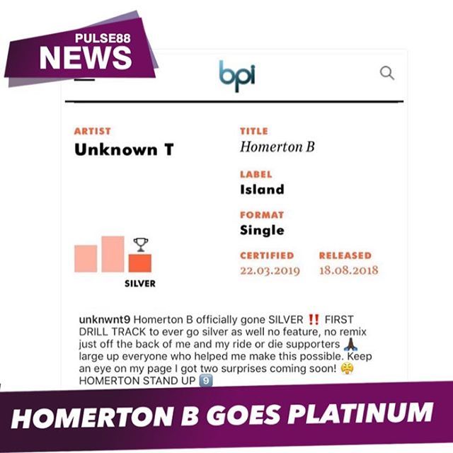 Pulse88radio's tweet photo. #pulse88news a huge congratulations to @unknwnt9 his massive banger Homerton B has now gone platinum 🙌🏾 #unknwnt #homertonb #platinumsingle #drillmusic #pulse88 https://t.co/YgpBh35DsO https://t.co/4M56tmv6p1