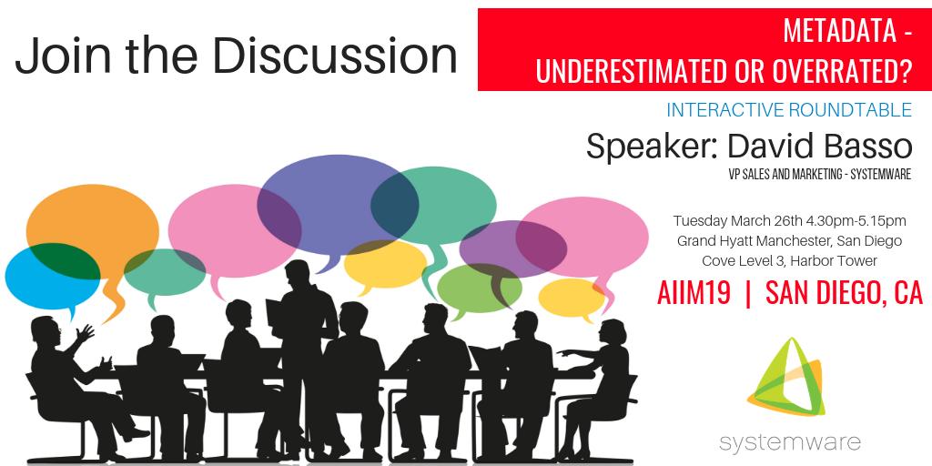 Systemware's tweet photo. Come see our fun team this week in San Diego at #AIIM19 and join the discussion at our Roundtable on Tuesday 03/26 at 4:30pm. Save $100 off registration with promo code SYSTEMWARE via https://t.co/G87d3kLYkl #DigitalTransformation #ContentServices #ECM #IIM #Roundtable #Metadata https://t.co/GnjCUwNEwC