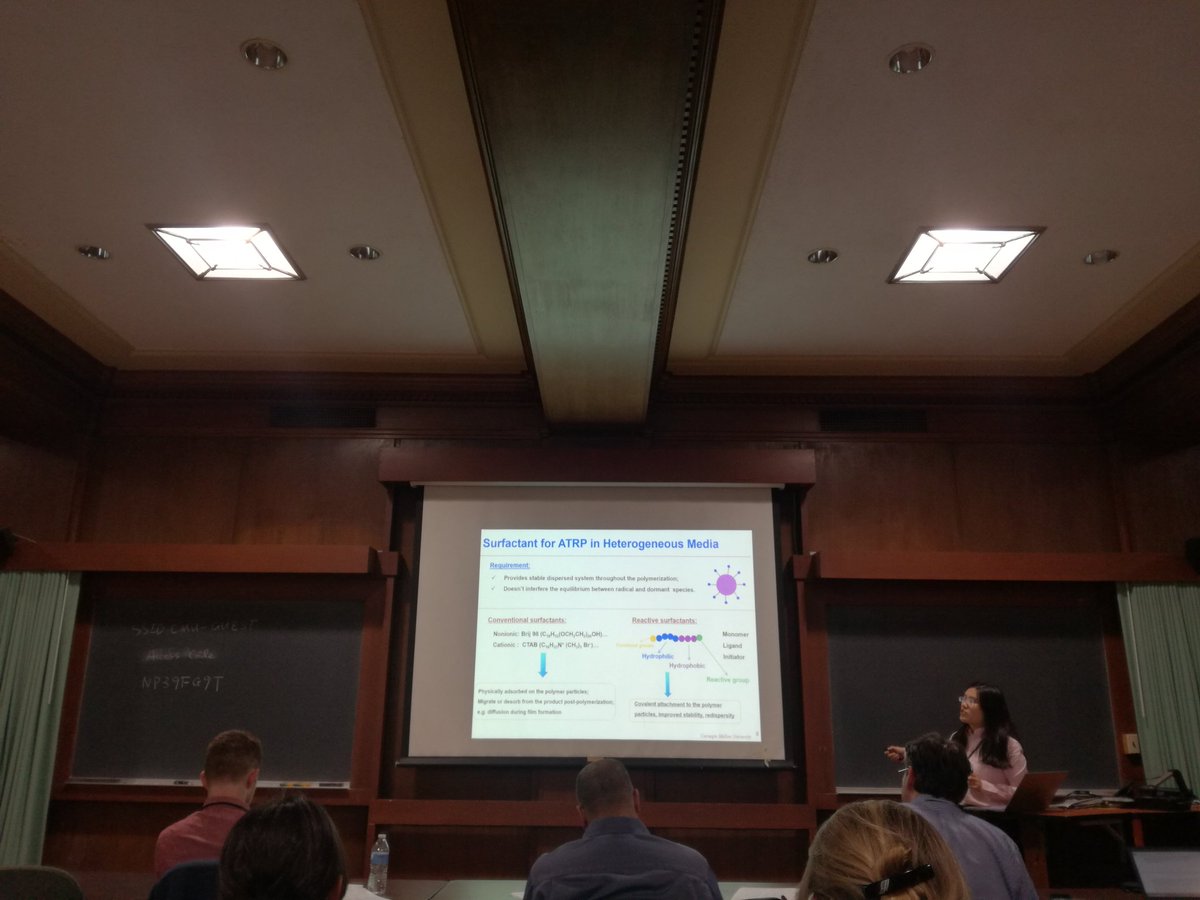 FrancescaLoran2's tweet photo. @YiWang1121 is now showing our recent approaches for ATRP in dispersed media, including scalable emulsion polymerizations @MatyPolymerLab #CRPSpring2019 #emulsion #atrp https://t.co/9mDVZtDNkk