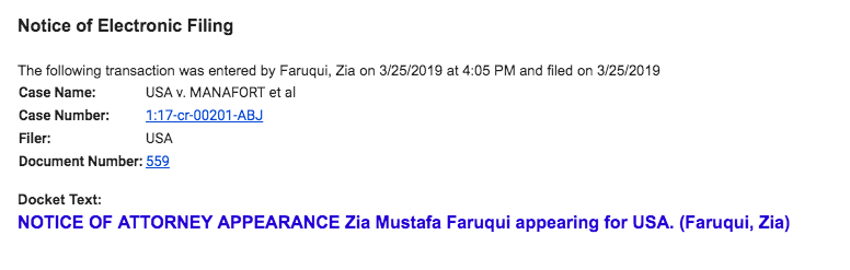 Tierney_Megan's tweet photo. This afternoon, a number of DOJ attorneys who weren't on Mueller's team signed on to Manafort's case. One of those lawyers also joined the case of Sam Patten, who was involved in a straw purchaser scheme steering foreign money into Trump's inaugural https://t.co/hzChRpYHXc