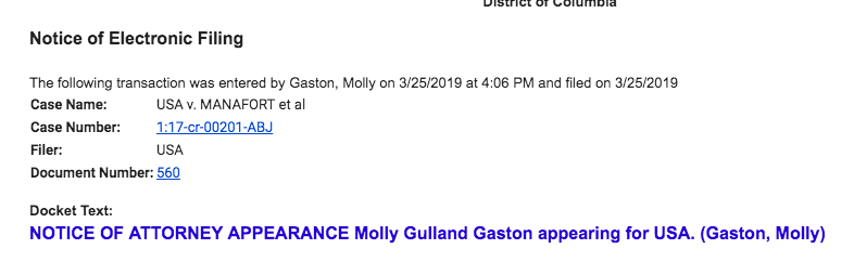 Tierney_Megan's tweet photo. This afternoon, a number of DOJ attorneys who weren't on Mueller's team signed on to Manafort's case. One of those lawyers also joined the case of Sam Patten, who was involved in a straw purchaser scheme steering foreign money into Trump's inaugural https://t.co/hzChRpYHXc