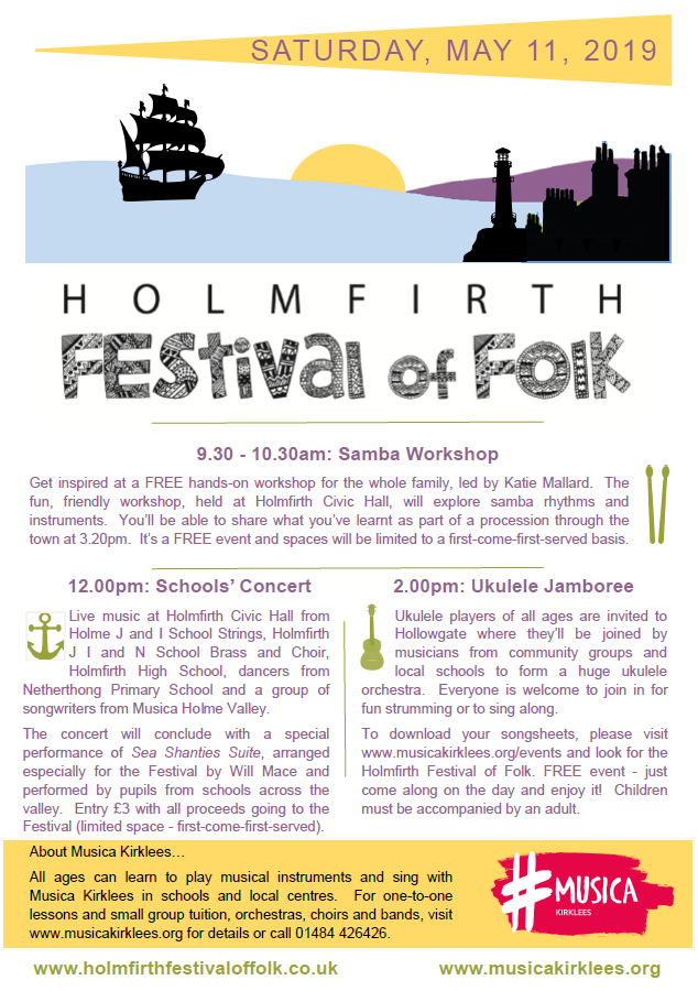 <a href="/Holmfirthfof/">Festival of Folk</a> - download your FREE ukulele music now from musicakirklees.org/event/details/… and get ready for May 11 - #FREE Samba Workshop, #FREE Ukulele Jamboree and Schools' Concert 
<a href="/HolmfirthEvents/">Holmfirth Events</a> <a href="/holmfirthhigh/">Holmfirth High</a> <a href="/HolmfirthCivic/">Holmfirth Civic Hall</a>