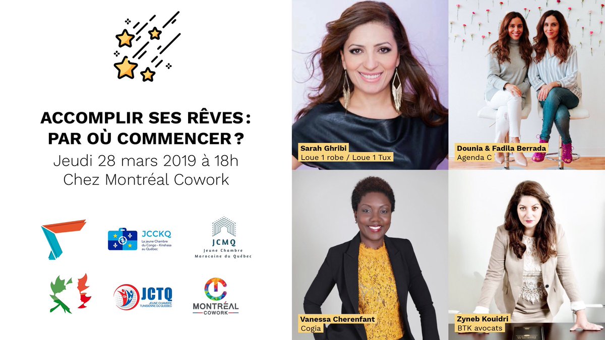 Je serai paneliste ce jeudi 28 mars à événement organisé en collaboration avec <a href="/MontrealCowork/">Montréal Cowork</a> et les jeunes chambres <a href="/JCCACanada/">JCCAC</a> <a href="/JCTQ_/">JCTQ</a>  <a href="/LaJCMQ/">Jeune Chambre Marocaine du Québec</a> <a href="/jcckq/">JCCKQ</a> Une occasion de partager nos expériences professionnelles et nos parcours entrepreneuriaux. #entrepreneurs #Québec #Diversité