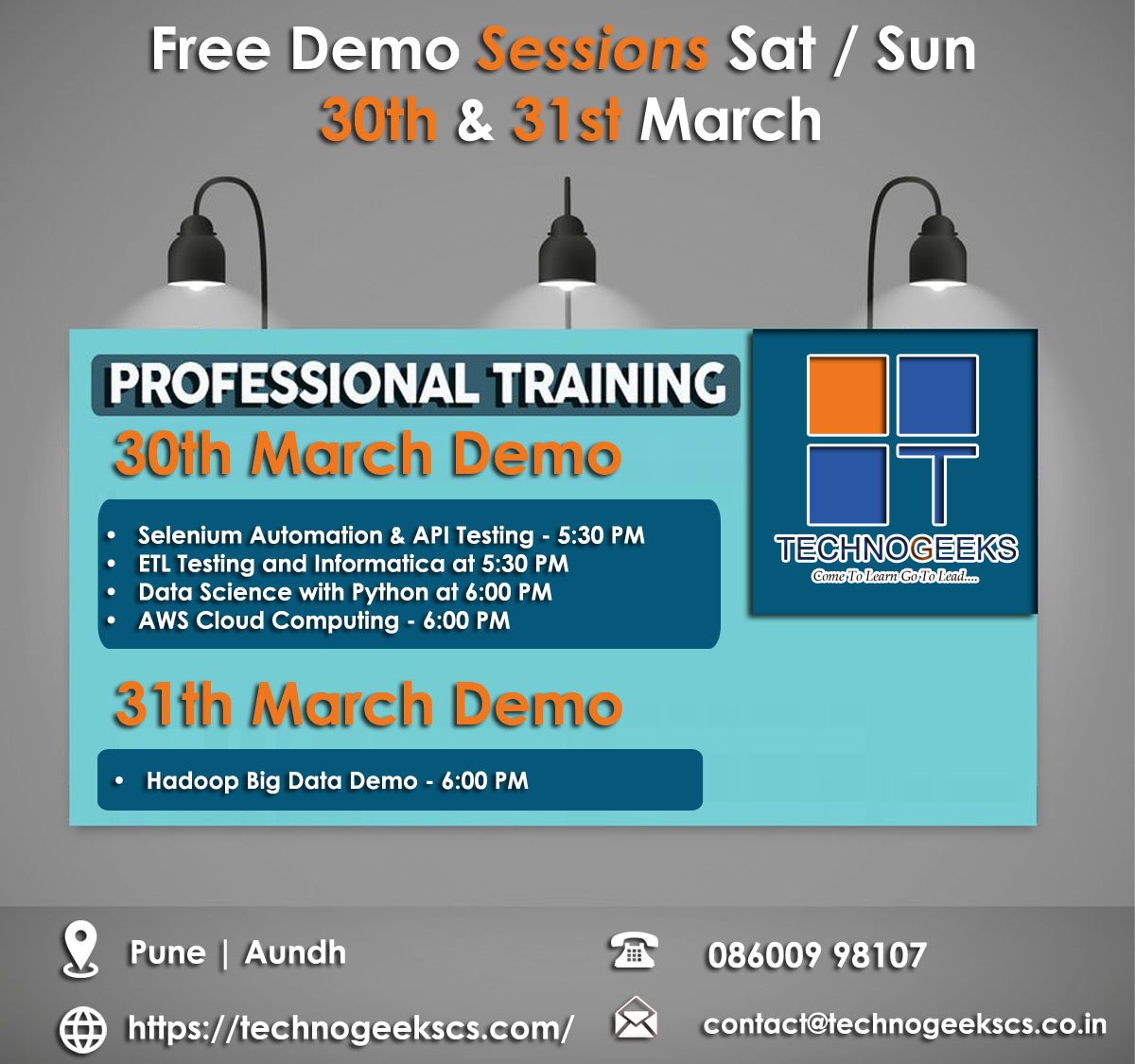 InfoTechnogeeks's tweet image. Don't forget this Sat/Sun on 30th & 31st Mar 2019 - Technogeeks is providing free demo session. Confirm your seat now call us at 860-099-8107.
#ETL_Testing #informatica #data_science_demo #free_demo_classes #python #selenium
goo.gl/sj5rP6
