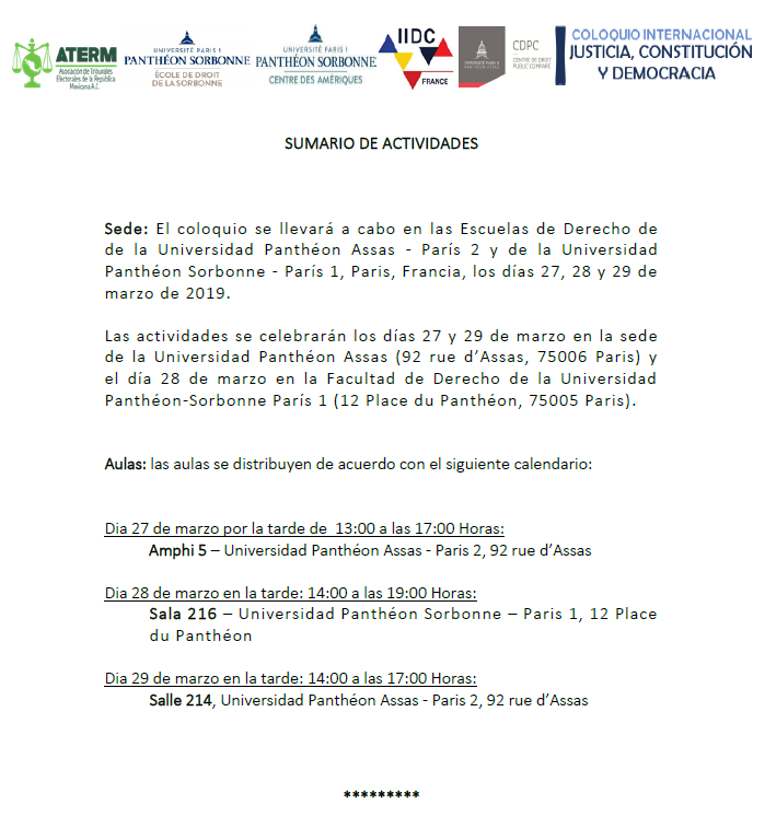 DesRelations's tweet photo. The Sorbonne School of Law, the University's Centre de Droit Public Comparé and the French Section of the Ibero-American Institute of Constitutional Law has the honour to invite you to the International Symposium "Justicia, Constitución y Democracia" from 27th to 29th March https://t.co/VWfVE5MeS9
