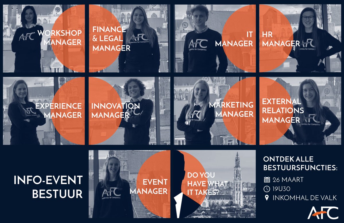 ‼️INFO-EVENT BESTUUR‼️
Op zoek naar een uitdaging naast je studies en wil je graag je steentje bijdragen aan AFC? Kom morgenavond langs &amp; ontdek welke functie bij jou past! 💪

Alvast meer weten? Ontdek hoe de huidige bestuursleden hun jaar beleefden via: facebook.com/events/1038177…!