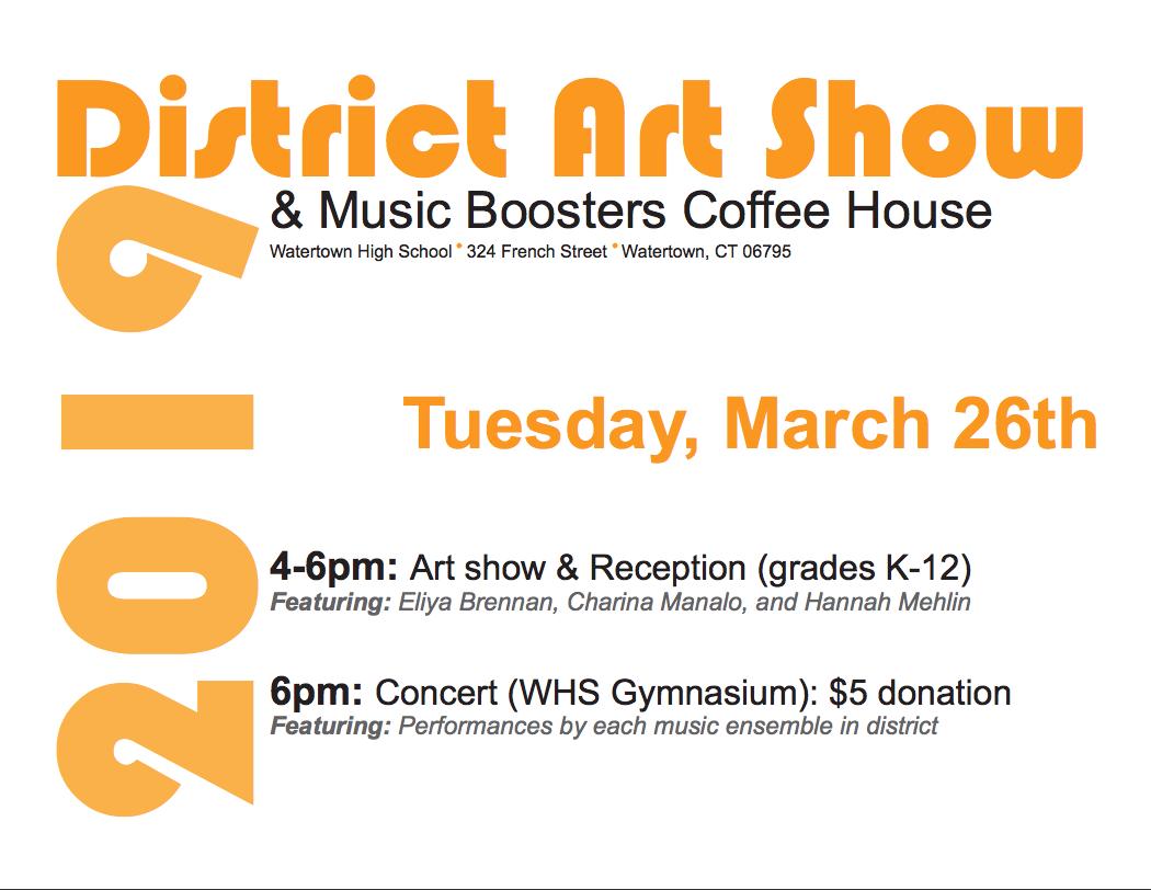 Please come to the district art show tomorrow, 4-6 PM, at Watertown High School.  There will be several community art activities and spin art. <a href="/MrDCarrollWHS/">Dan Carroll</a> <a href="/SwiftMiddle/">Swift Middle School</a> <a href="/PolkESFekete/">Principal Fekete</a>  <a href="/JTPSMeka/">Principal Meka</a>  <a href="/JudsonPolkArt/">JudsonPolkArt</a> @MrTomHogrefe <a href="/MrsNCote/">Nicole Cote</a>