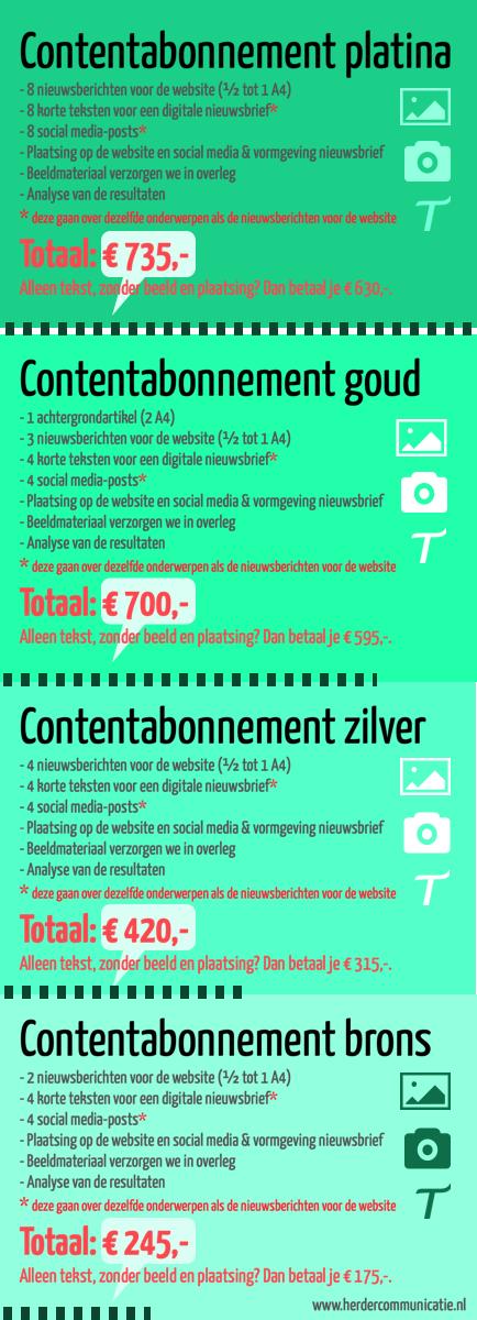 Nieuw: een content-abonnement! Voor een actuele website, social media vol updates én een digitale nieuwsbrief. Kies het abonnement dat bij je past en het wordt allemaal voor je geregeld. Vanaf 245 euro p/m. Interesse? Check herdercommunicatie.nl