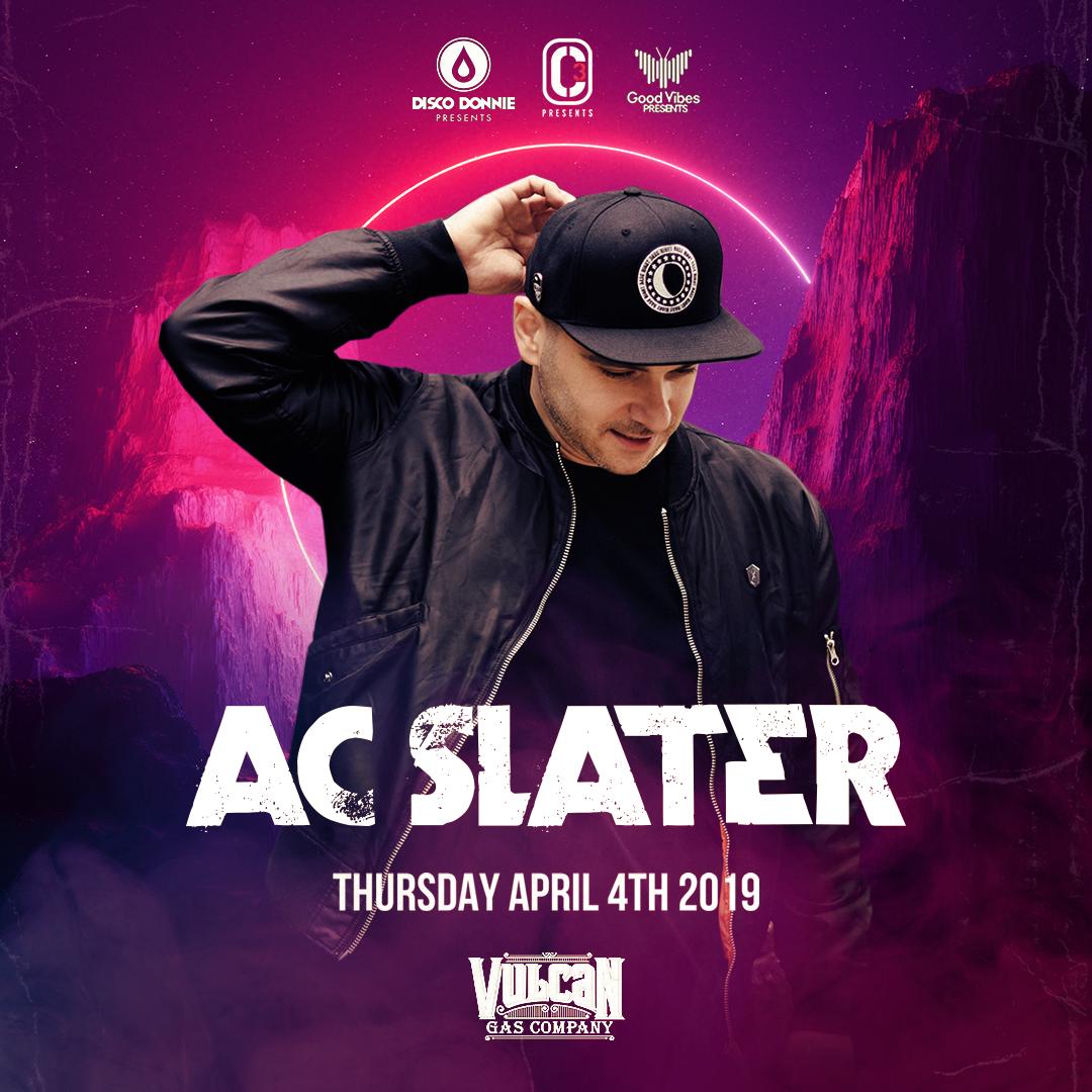 NEXT THURSDAY! 🔥 🔥 🔥 @djacslater returns to Vulcan on April 4! Tickets: bit.ly/_AC_Slater_2019