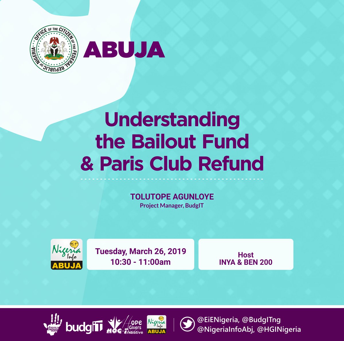 EiENigeria's tweet photo. In partnership with @HGINigeria &amp; @BudgITng, we are starting engagements on the #ParisClubRefund, #BailoutFund &amp; #DoubleDipping by Legislators!

In #Abuja, tune in for the live radio program on @NigeriaInfoAbj by 10:30am tomorrow. https://t.co/6eGacv08Xj