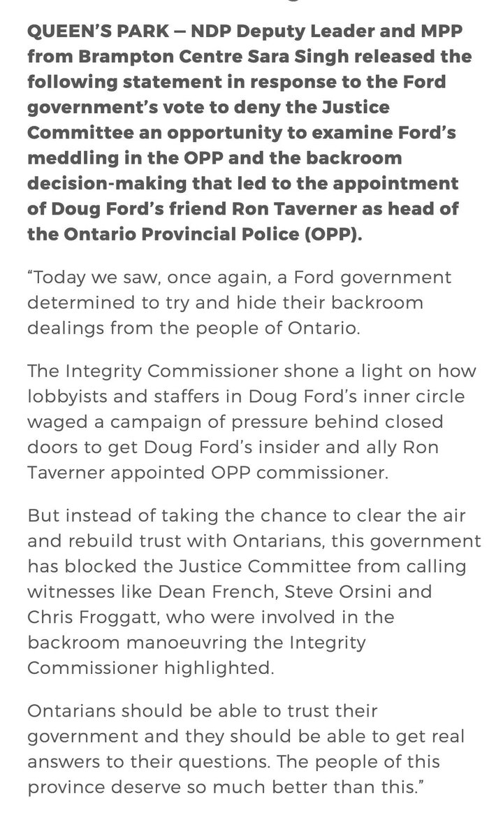OntarioNDP's tweet photo. Statement by NDP Deputy Leader @SaraSinghMPP in response to the Ford govt's vote to deny the Justice Committee an opportunity to examine Ford’s meddling in the OPP and the backroom decision-making that led to the appointment of Ford’s friend Ron Taverner as head of OPP. #TavScam https://t.co/Fc7bt8W8tM