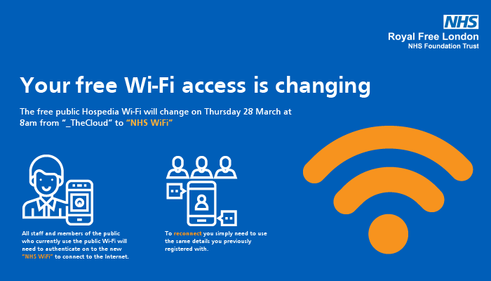 Your free Wi-Fi access is changing. Find out more: bit.ly/2YmhdXT #NHSWiFi #NHS #publichealth #RLFWiFi
