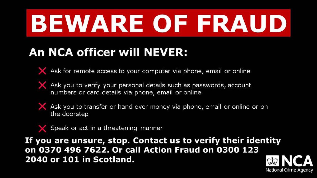 Elderly and vulnerable people are being targeted by scammers claiming to be NCA officers. Don’t let your family and neighbours fall victims to fraudster tactics. Since April 2018 the NCA has recorded 393 reports of fraudsters claiming to be NCA officers: