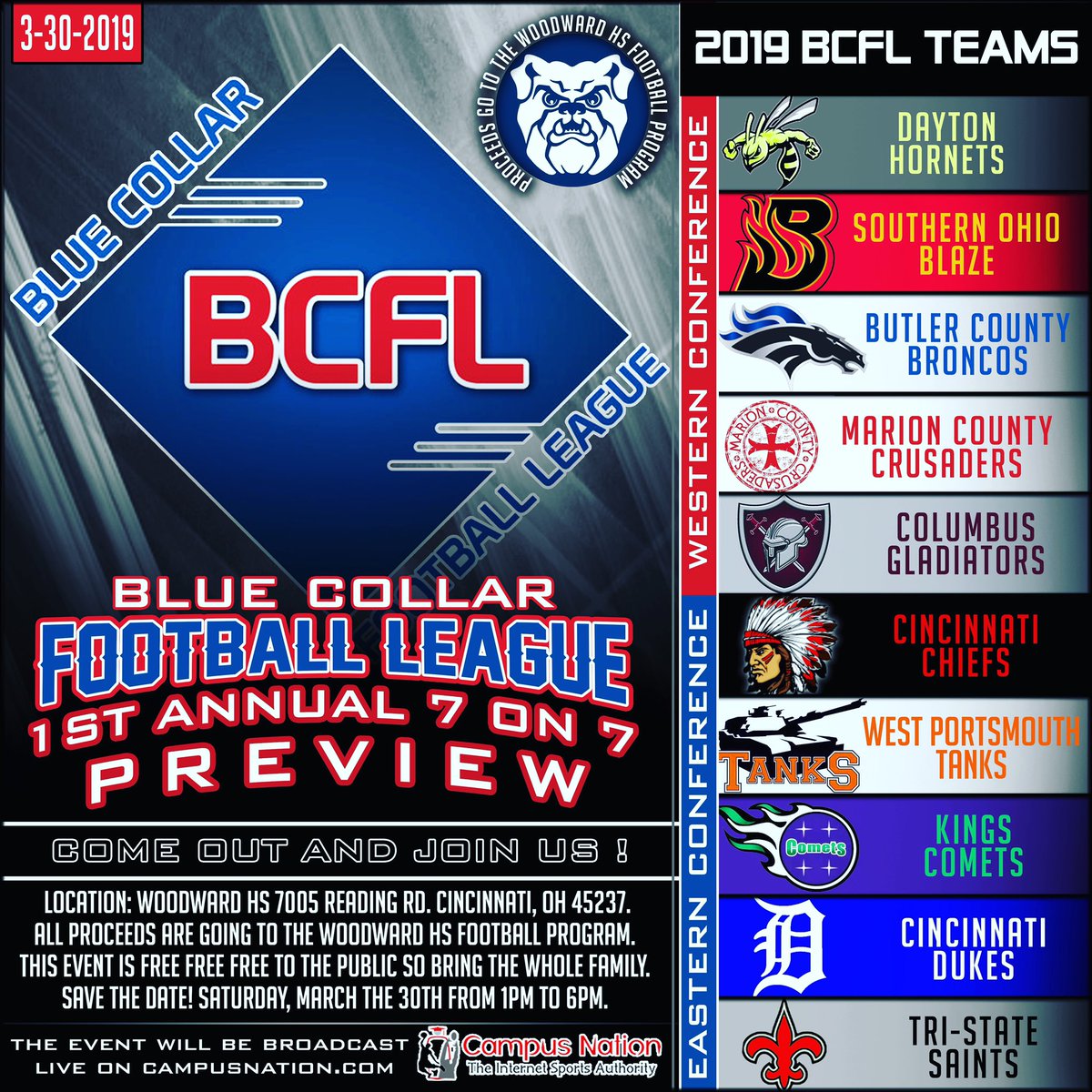 tristatesaints's tweet photo. Come out this Saturday March 30th and check out the 1st Annual BCFL 7 on 7 preview. This will be a big event and its FREE FREE FREE. Come check out the teams in the BCFL compete in a 7 on 7 from 1-6pm @ Wooward HS https://t.co/QsIq6sJ53M
