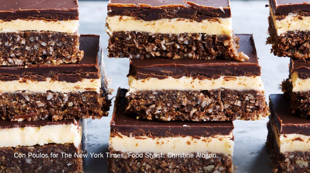 nytimes's tweet photo. The Nanaimo bar is a tremendously sweet, no-bake layered bar cookie from Canada https://t.co/sF2fMBF9TP https://t.co/eV9nzltZTD