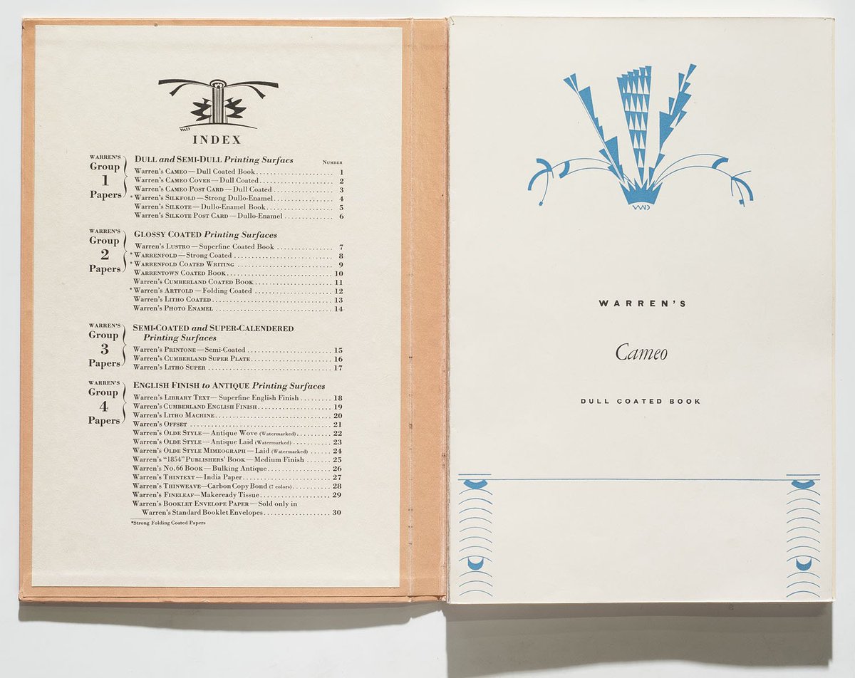 WADwiggins's tweet photo. S.D. Warren portfolio, as seen when first opened. (Slipcases posted last week.) On right is a stack of thirty paper samples. Each is four pages, with a WAD stencil decoration on the front. 1928. https://t.co/5UKuaCawCw