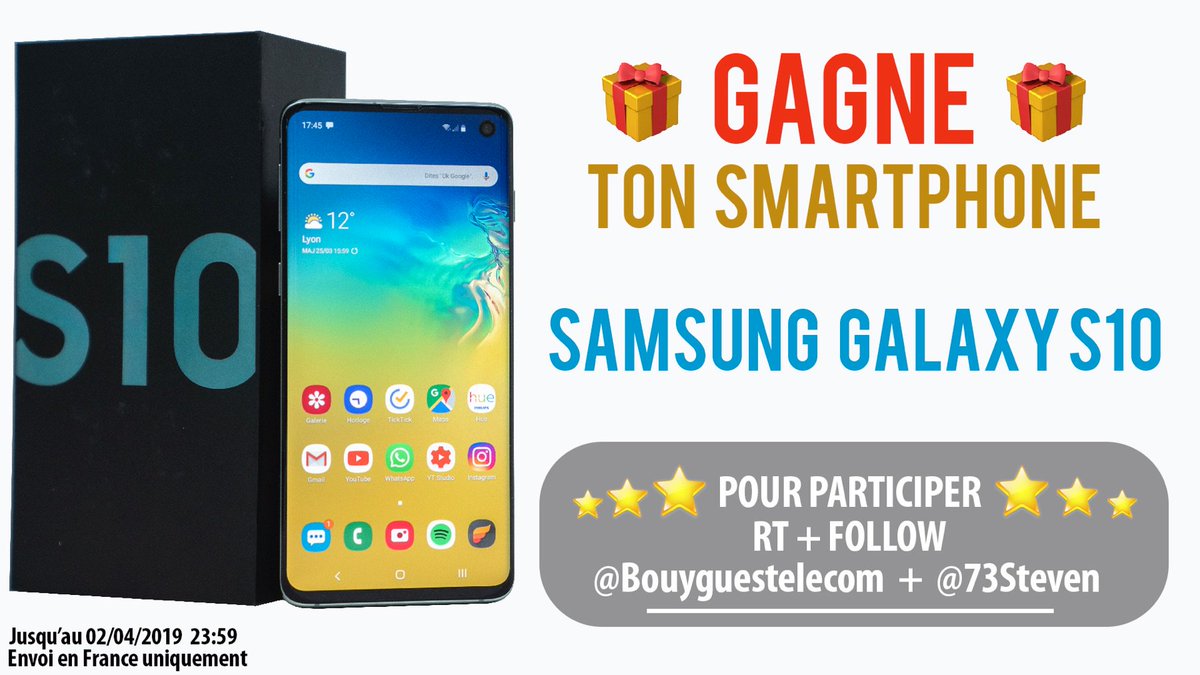 Steven (@stevenlathoud) on Twitter photo 🎁 CONCOURS🎁
Un Samsung Galaxy S10 128 Go à GAGNER 📱
1️⃣ Follow <a href="/bouyguestelecom/">Bouygues Telecom</a>
2️⃣ Follow <a href="/73Steven/">Vrai compte : @StevenLathoud</a>
3️⃣ RT ce tweet
Vous avez jusqu’à 02/04/2019 23:59 pour participer 🤞 🎁 CONCOURS🎁
Un Samsung Galaxy S10 128 Go à GAGNER 📱
1️⃣ Follow <a href="/bouyguestelecom/">Bouygues Telecom</a>
2️⃣ Follow <a href="/73Steven/">Vrai compte : @StevenLathoud</a>
3️⃣ RT ce tweet
Vous avez jusqu’à 02/04/2019 23:59 pour participer 🤞