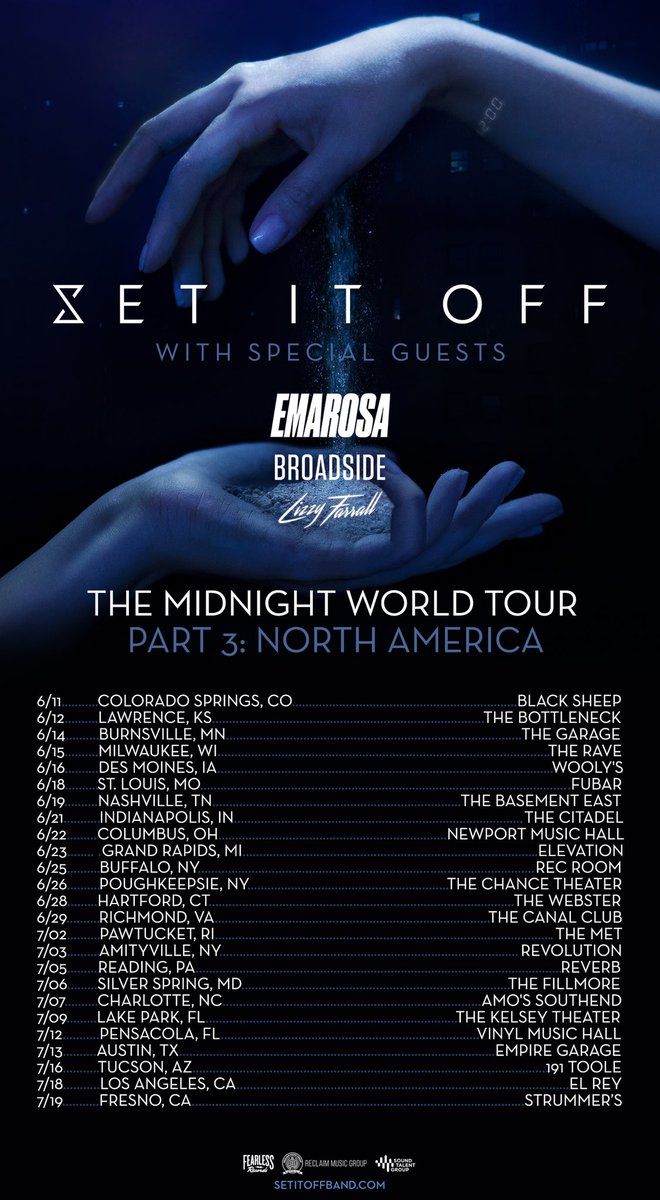 Broadside_'s tweet photo. We’re very excited to announce that @SetItOff has invited us to be a part of the third installment of their Midnight World Tour alongside @Emarosa and @LizzyFarrall!

Tickets will be on sale Friday, March 29th at 10am local time!

See you soon! 

🥀🥀🥀 https://t.co/vlIjwtvvqs
