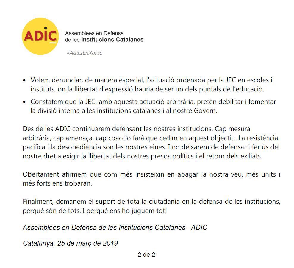 📄 COMUNICAT | En relació amb les resolucions de la Junta Electoral Central.

Des de les #ADICsEnXarxa continuarem defensant les nostres institucions. 

Cap mesura arbitrària, cap amenaça, cap coacció farà que cedim en aquest objectiu. 

#EnsHoJuguemTot