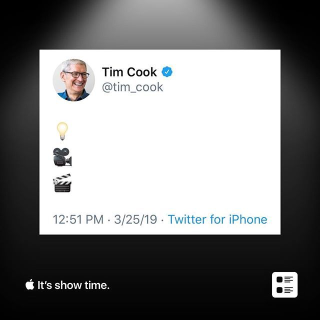 TeamAppleNews's tweet photo. Tim Cook tweets emojis hinting at a video service. #TimCook #AppleEvent #Apple #TeamApple https://t.co/ImX7zkitxj
