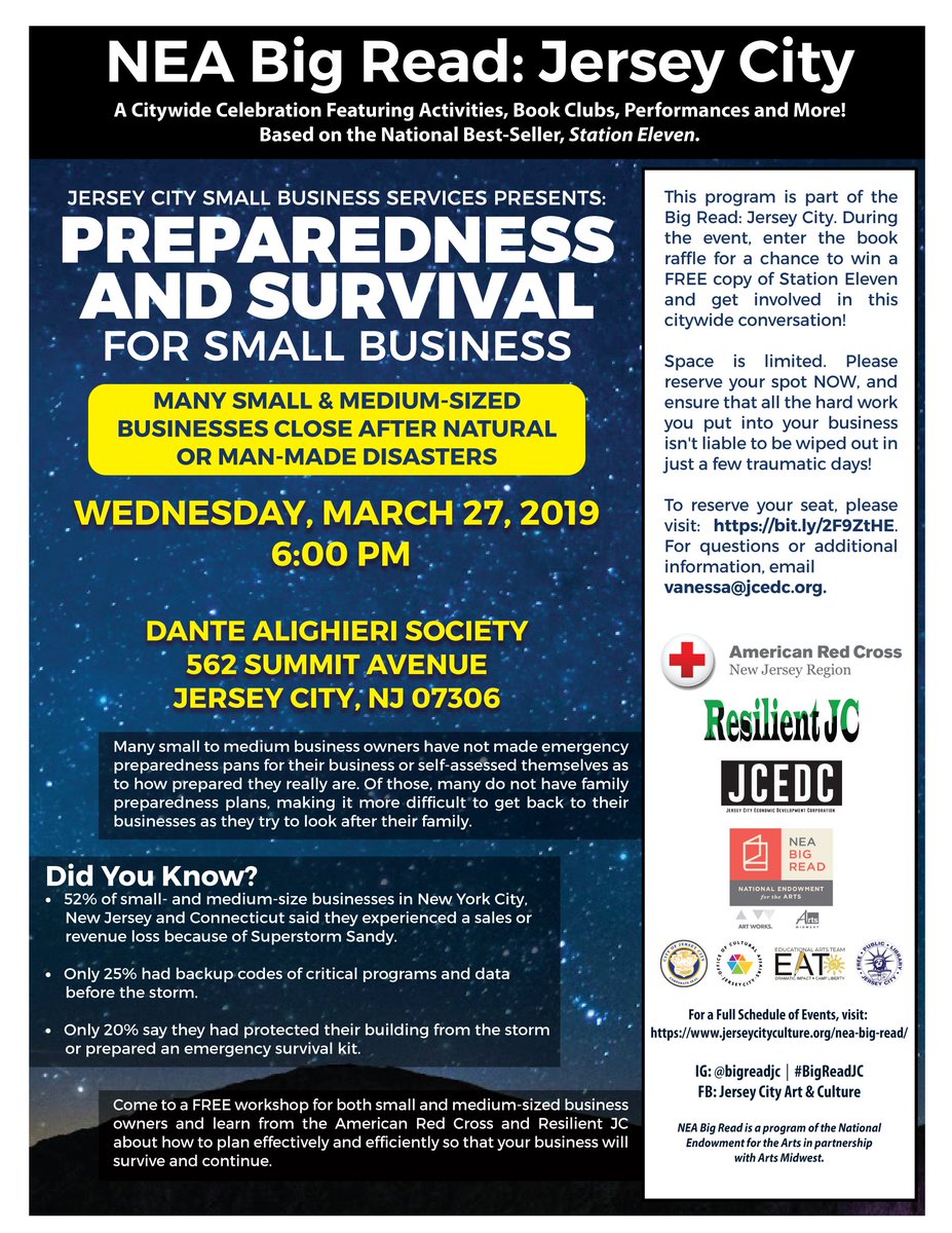 JerseyCity's tweet photo. #BigReadJC continues Wednesday night at 6pm, as Small Businesses learn about emergency preparedness. Come to the free workshop to learn how to plan effectively and efficiently so that your business will survive. https://t.co/43RFzAmkhd