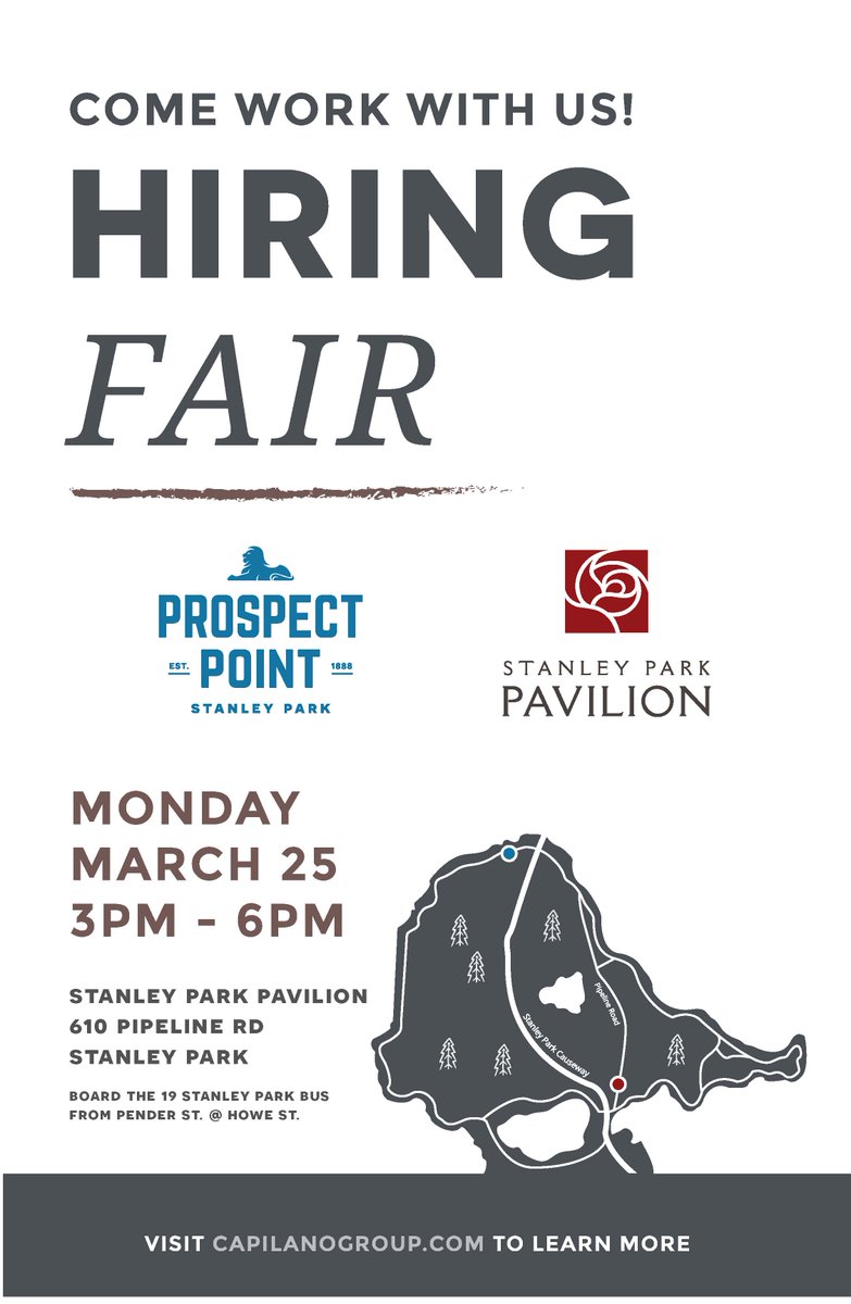Join our team! Visit us <a href="/stanleyparkpav/">StanleyPark Pavilion</a> today from 3-6pm with your resume for an on the spot interview! #prospectpoint #stanleypark #vancouver #yvr #vancity #jobfair #yvrjobs #teamcapgroup