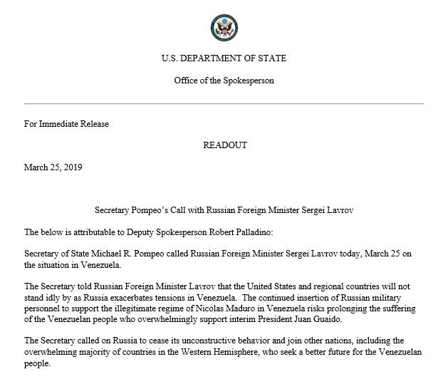 Secretary Pompeo’s Call with Russian Foreign Minister Sergei Lavrov