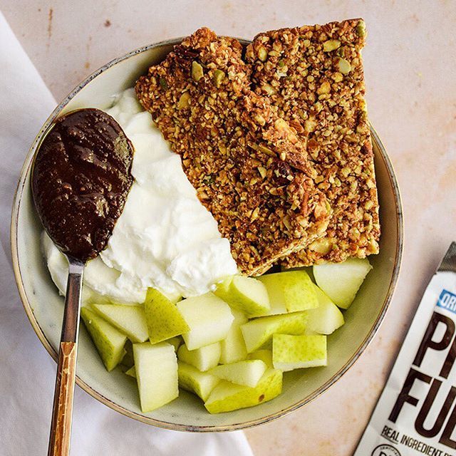 Starting a new week off right with this breakfast of champions! 👌 We've got grain-free granola bars, coconut yogurt, ripe pears, and a generous dollop of <a href="/phatfudge/">Phat Fudge</a>. Crunchy, creamy, and nutrient-packed.
.
.
.
#phatfudge #paleo #ketogenic #keto #keto… ift.tt/2Cy3eET