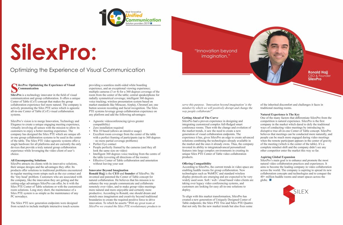 insightssuccess's tweet image. @ronald_hajj  is the CEO &amp;amp; founder of @silexpro  , A technology innovator in the field of #visual_communication and group collaboration. 

#CenterofTable #UnifiedCommunicationSolution #innovativeTechnologysolutions bit.ly/2TmYPyf