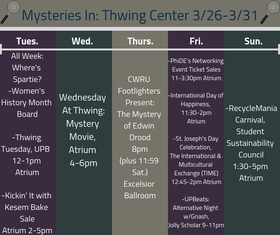 This Week In #Thwing: 
Events From UPB, TIME, Student Sustainability Council, Kesem, Footlighters, and PhiDE
#WednesdayatThwing is having a mystery movie w/snacks
Find Spartie w/clues from our Insta Story for a prize
Plus, Celebrate Women's History Month With Our Bulletin Board