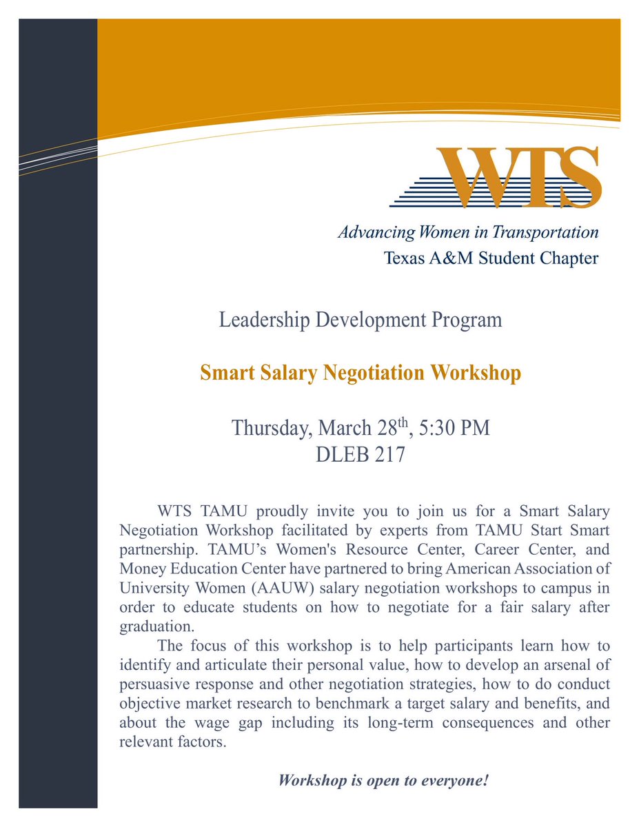 wtstamu's tweet photo. Please come join us for a Smart Salary Negotiation Workshop facilitated by experts from Start Smart partnership.
RSVP required: https://t.co/mPSunZAMFu

@WTS_Org @TAMU @TTITAMU @TAMUCivilEng @TAMUWRC @careercenter @BVAAUW @AAUW https://t.co/DGVLGM6u1q