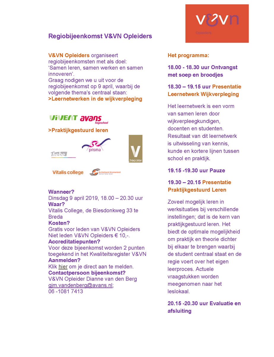 Regiobijeenkomst VenVN Opleiders op 9 april in Breda: ‘Samen leren, samen werken en samen innoveren’. Ben jij erbij?